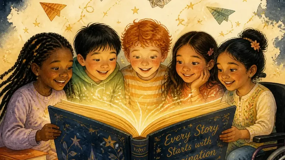 Children reading their own personalized storybooks under a starlit sky